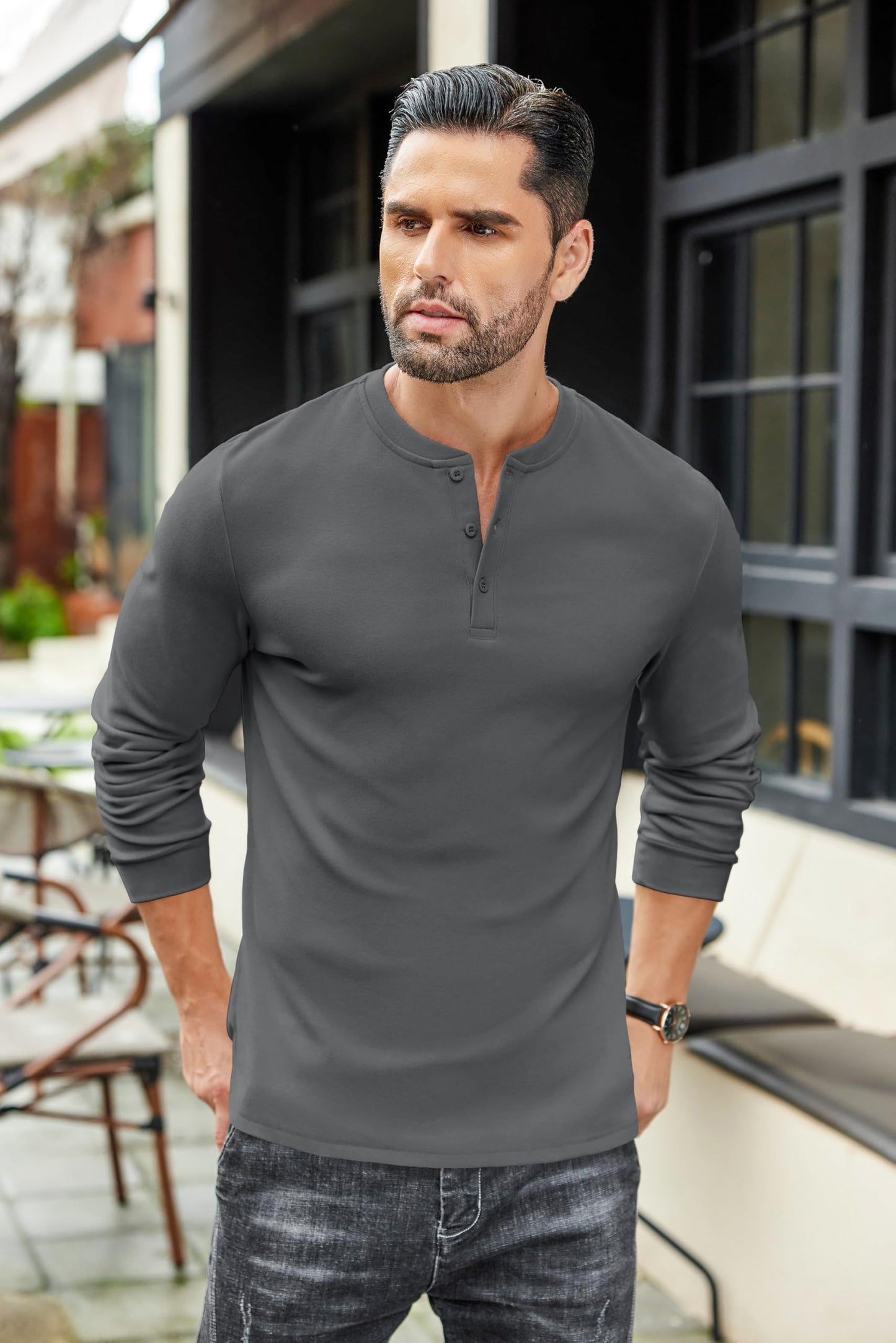 COOFANDY Men's Casual Henley Shirts Long Sleeve Fashion Basic Pullover Shirt Lightweight Button T-Shirts Fall Tops Dark Grey - Medaid International