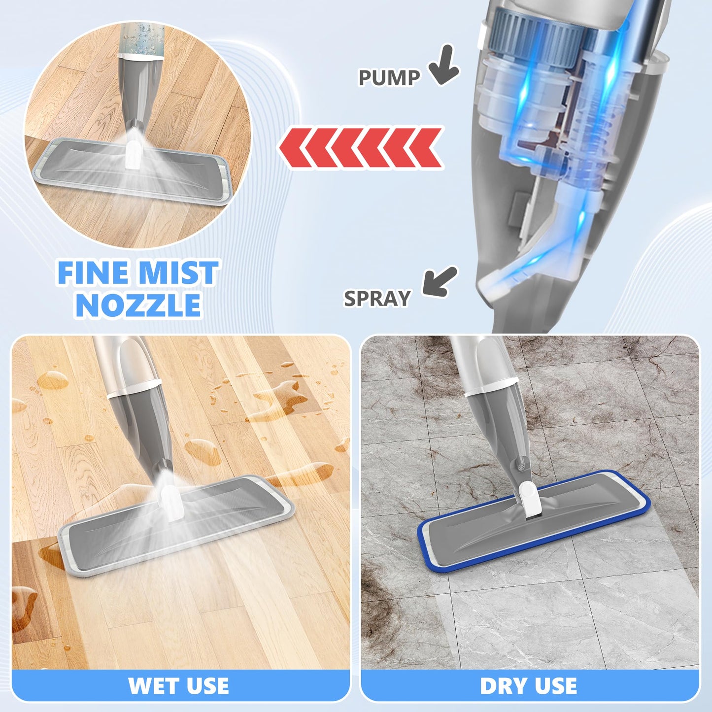 PAPCLEAN Spray Mops for Floor Cleaning Microfiber Mop Hardwood Floors Wet Dust Flat Cleaner with 4 Washable Pads 440 Ml Refillable Bottle Wood Tile Laminate Vinyl Kitchen, Gray - Medaid International