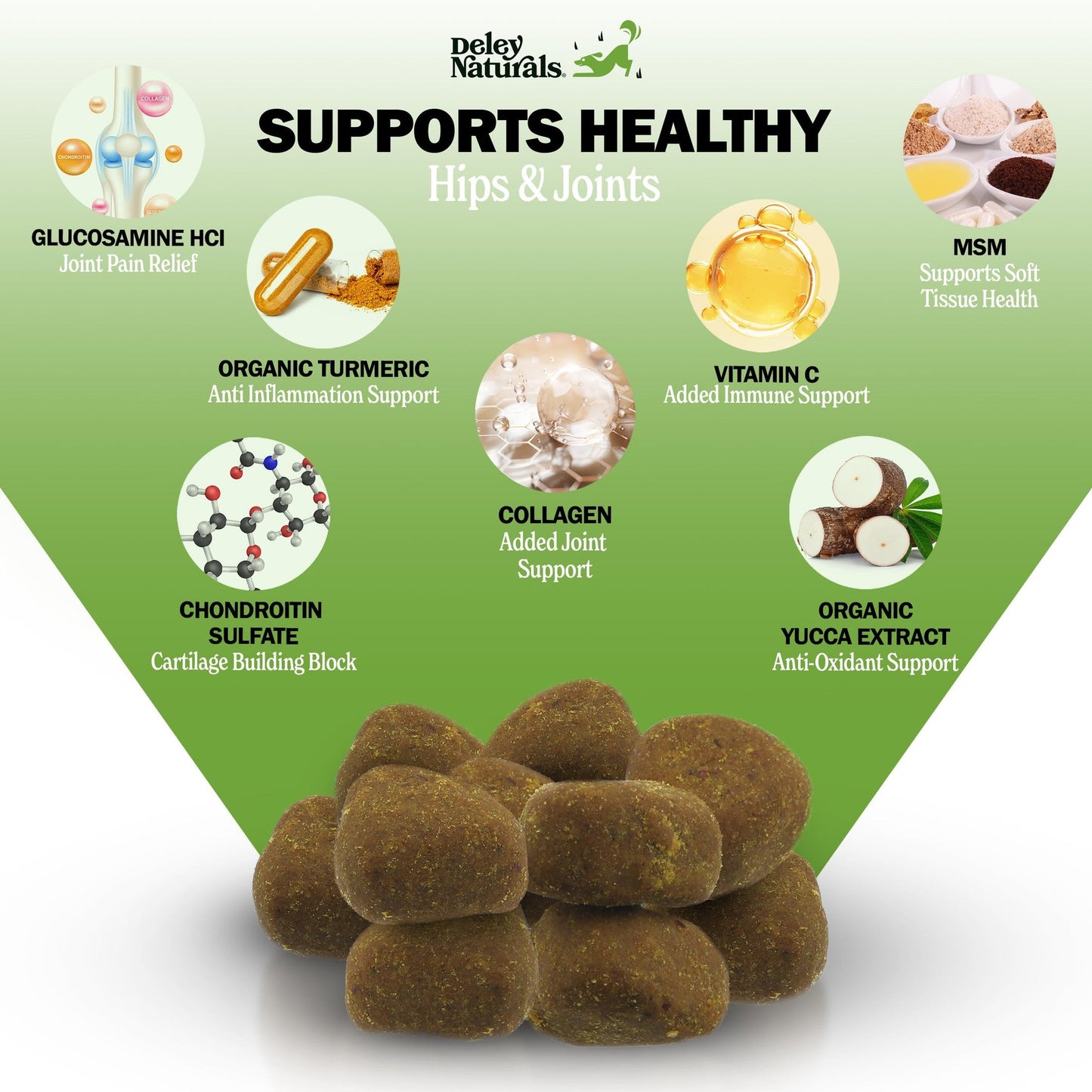 Deley Naturals Dog Hip and Joint Supplement - Glucosamine Chondroitin MSM & Collagen for Dogs - Smaller Chews, Fewer Calories, Same Active Ingredients for Hip & Joint Care - 120 Chicken Flavor Chews