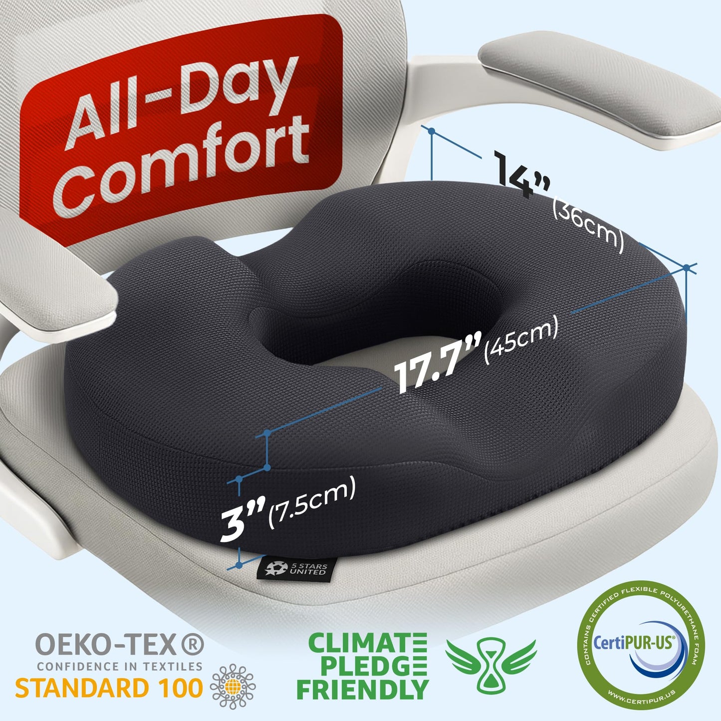 5 STARS UNITED Donut Pillow Hemorrhoid Tailbone Cushion – Large Cushion for Pain Relief – Coccyx, Prostate, Sciatica, Pelvic Floor, Pressure Sores, Pregnancy, Postpartum Recovery, Black - Medaid International