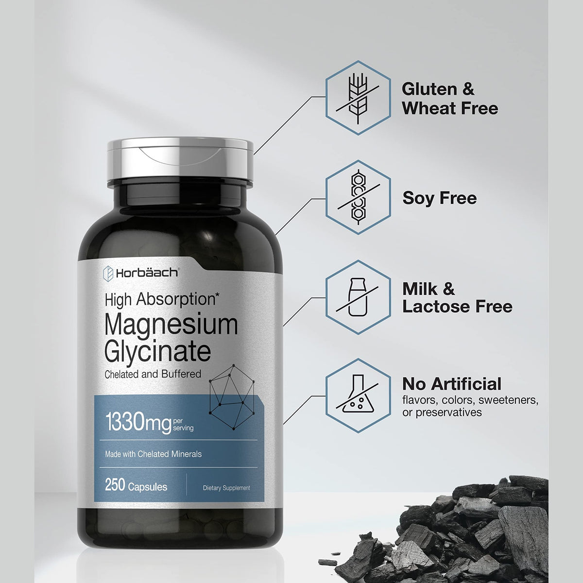 Horbäach Buffered Magnesium Glycinate | 1330mg | 250 Capsules | with Chelated Minerals | Non-GMO, Gluten Free - Medaid International