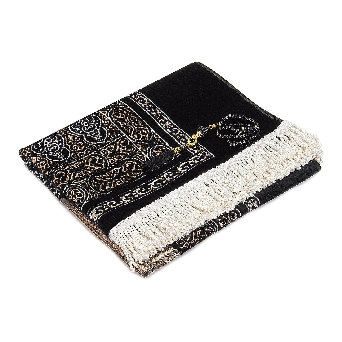 ihvan online Muslim Prayer Rug with Prayer Beads, Janamaz, Portable Sajadah, Soft Islamic Prayer Rug, Islamic Gifts for Ramadan Eid, Praying Carpet Mat, Kaaba Door, Chenille Fabric, Black - Medaid International