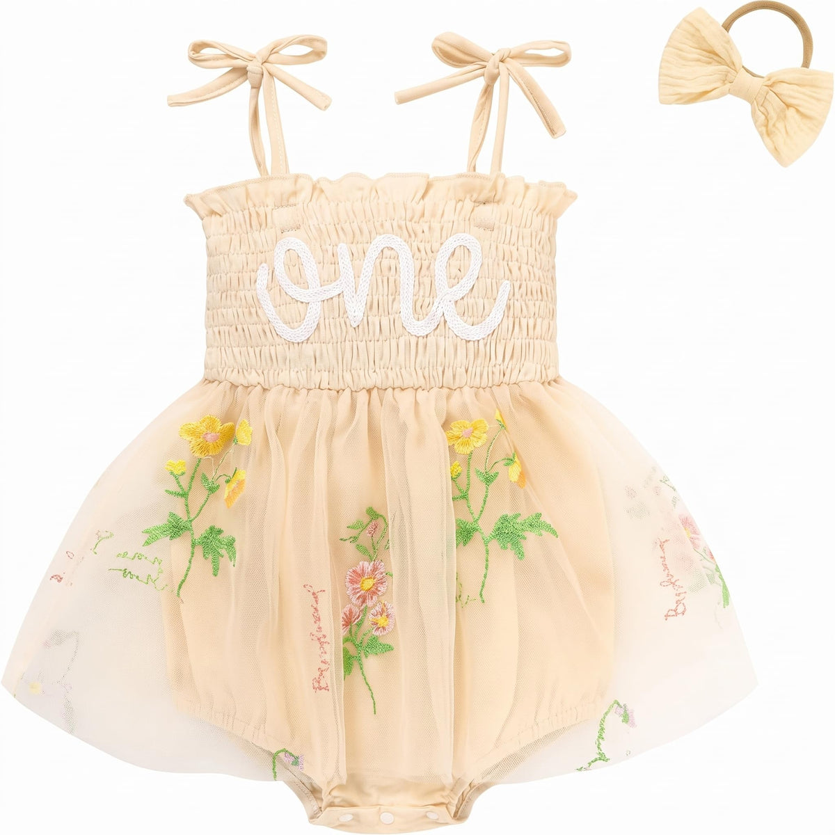 Baby Girl 1st Birthday Outfit, Floral ONE Tulle Romper Dress with Matching Headband Set, Sleeveless Princess Bodysuit Photo Props for 12-18 Months Cake Smash Party