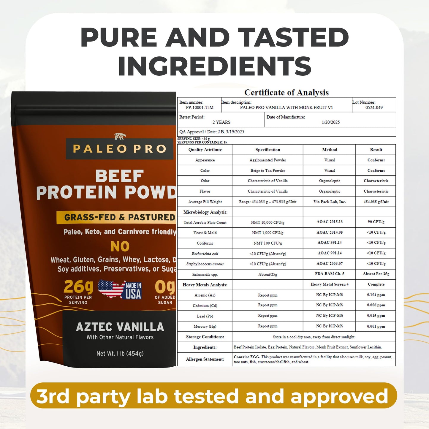 Paleo Pro 26G Beef Protein Powder - Grass Fed Protein Powder Isolate - Pure Animal Based Pastured & Cage-Free | Dairy & Gluten Free, Natural & Clean Proteins for Paleo & Keto - 15 Days Supply Vanilla - Medaid International