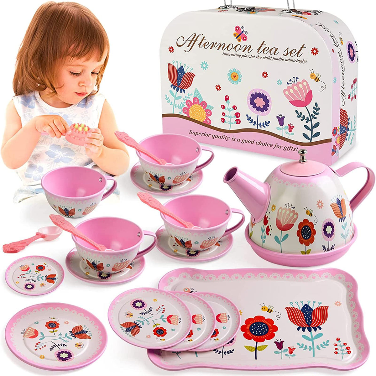 Unicorn Gifts Tea Party Set for Little Girls, Gift for Age 3 4 5 6 Year Old, Princess Tea Set Toys for Little Girls, Kids Kitchen Pretend Toy with Tin Tea Set (Unicorn Theme)