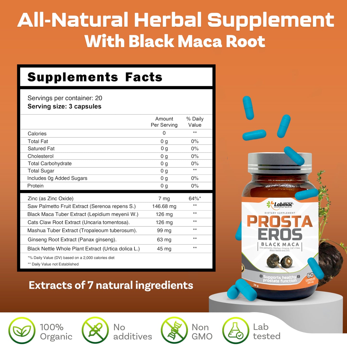 Prosta Eros - ProstaEros- Prostate Support Supplement - 7 Natural Ingredients- Black Maca, Saw Palmetto, Mashua, Cat's Claw, Gingseg, Black Nettle and Zinc. Capsules 60 Count (Pack of 1) - Medaid International
