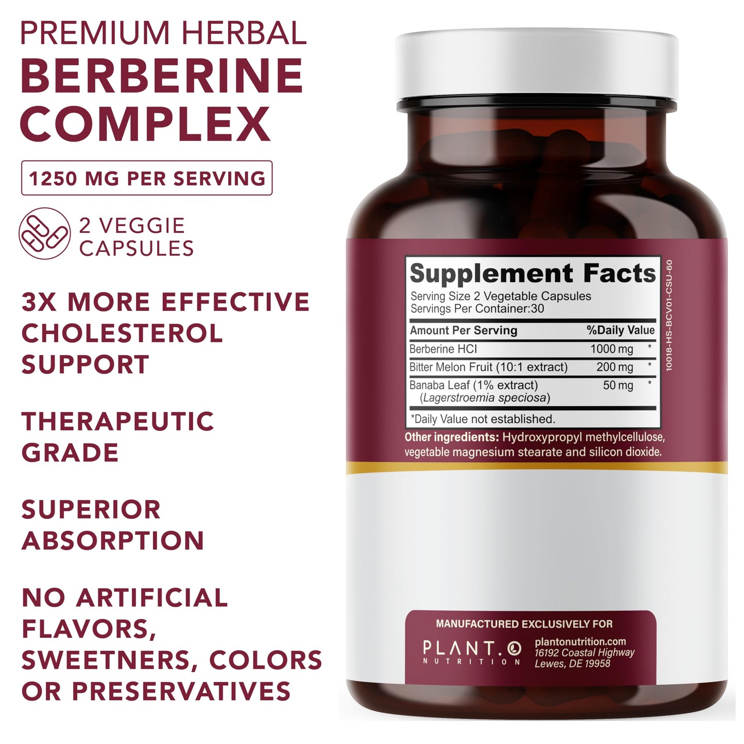 PLANT.O NUTRITION Berberine Supplement - 10xHigher Absorption Berberine HCI Complex with Bitter Lemon & Banaba Leaf - Cholesterol & Metabolic Clinically Researched Support - 60 Capsules Non-GMO - Medaid International
