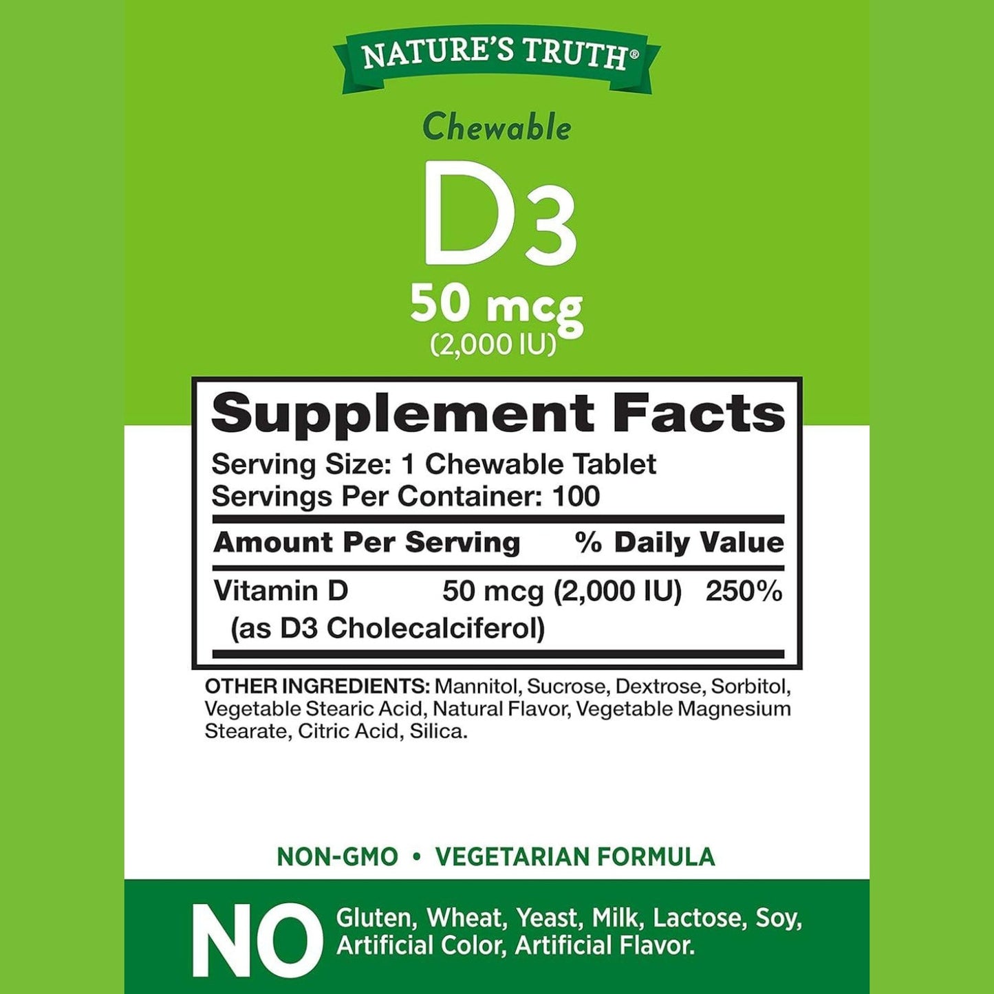 Nature's Truth Chewable Vitamin D3 2000 IU 100 Chewable Tablets