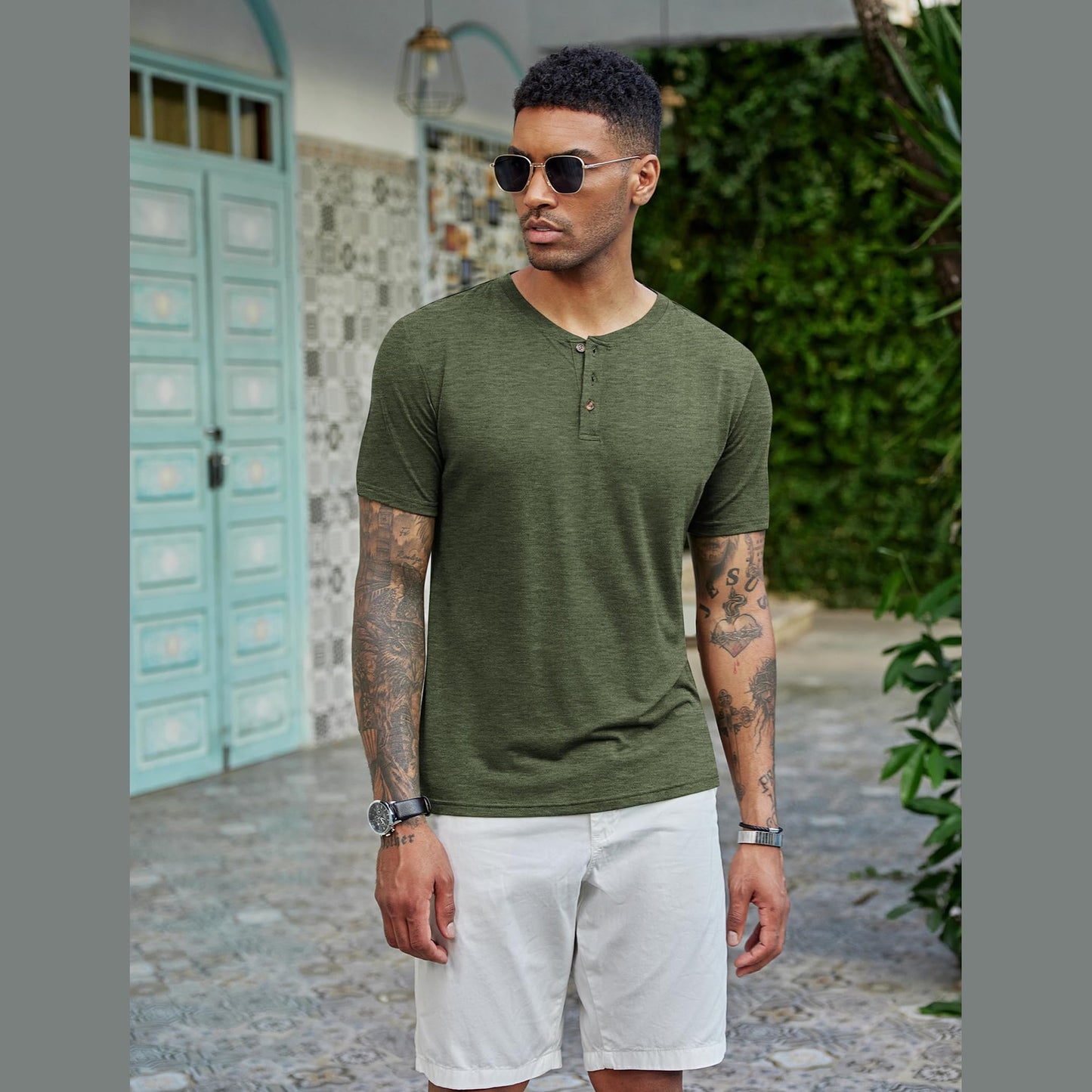 COOFANDY Men's Henley Short Sleeve Shirts Casual Button Henley Basic Tee Solid Fashion Shirts Dark Green - Medaid International
