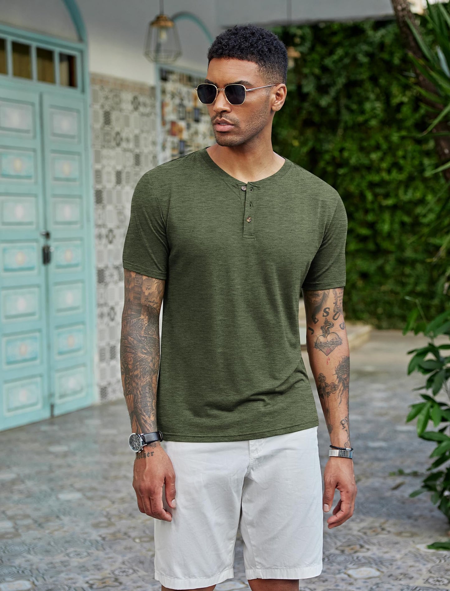 COOFANDY Men's Henley Short Sleeve Shirts Casual Button Henley Basic Tee Solid Fashion Shirts Dark Green - Medaid International