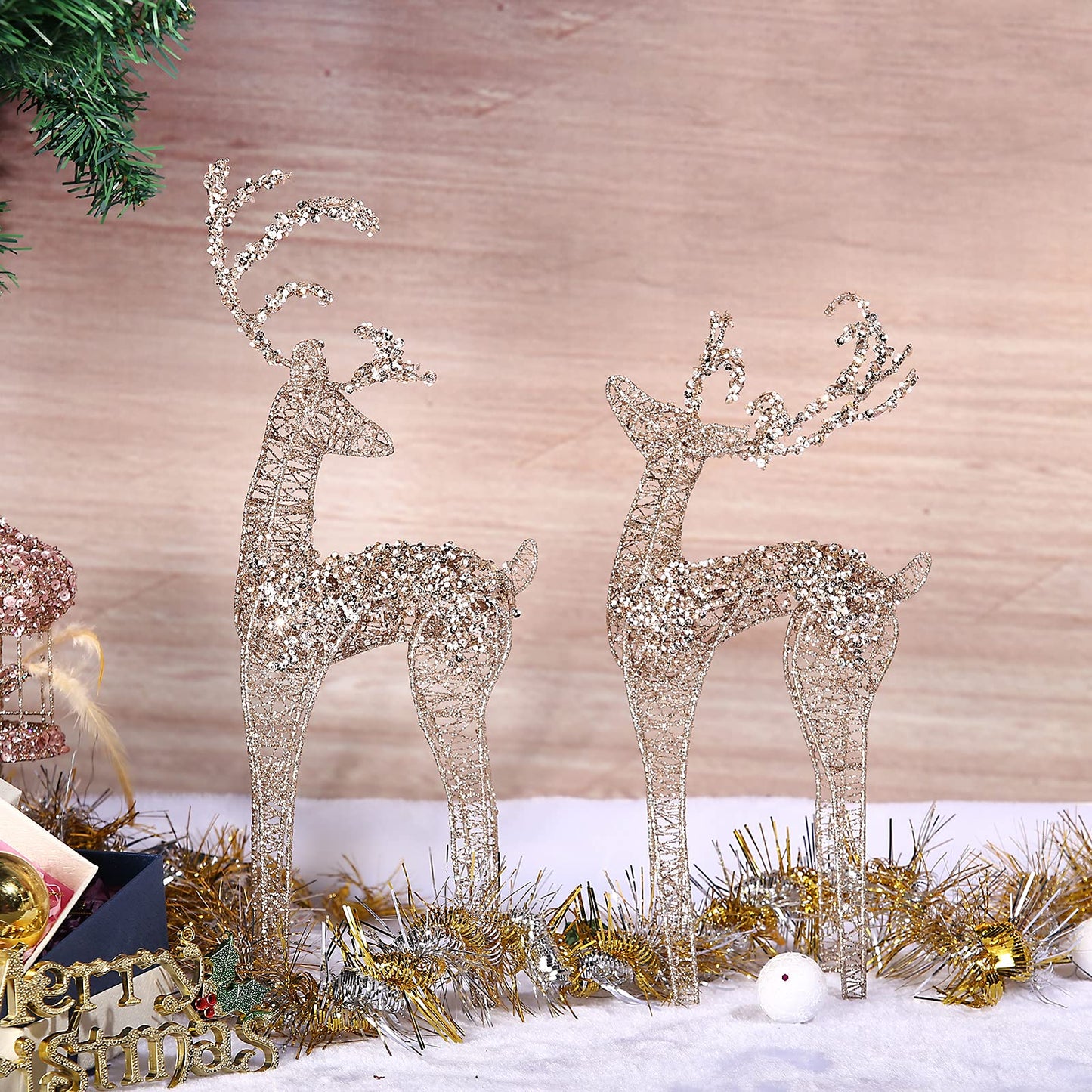 ZHANYIGY 2pc Set White Pearl Champagne Winding for Standing Reindeer Decorations Christmas Reindeer Figurine Table Desk Decorations Glittering Xmas Holiday Party Supply - Medaid International