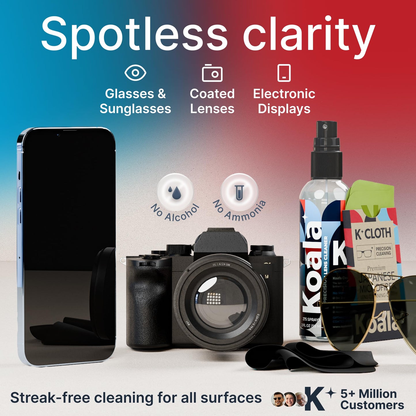 Koala Eyeglass Lens Cleaner Spray Kit | (2x) 8oz + (1x) 2oz Glasses Cleaner Bottle + (3x) Microfiber Cloth | Alcohol Free Eyeglasses, Screen, and Camera Cleaning Kit (6 Piece Set) - Medaid International