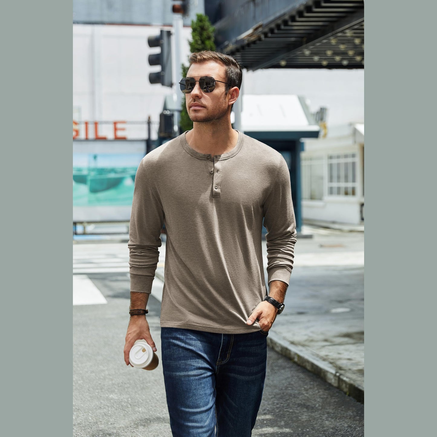 COOFANDY Men's Henley Shirts Long Sleeve Casual Vintage T-Shirt Lightweight Soft Stretch Tees Fall Henley Pullover Tops Khaki - Medaid International