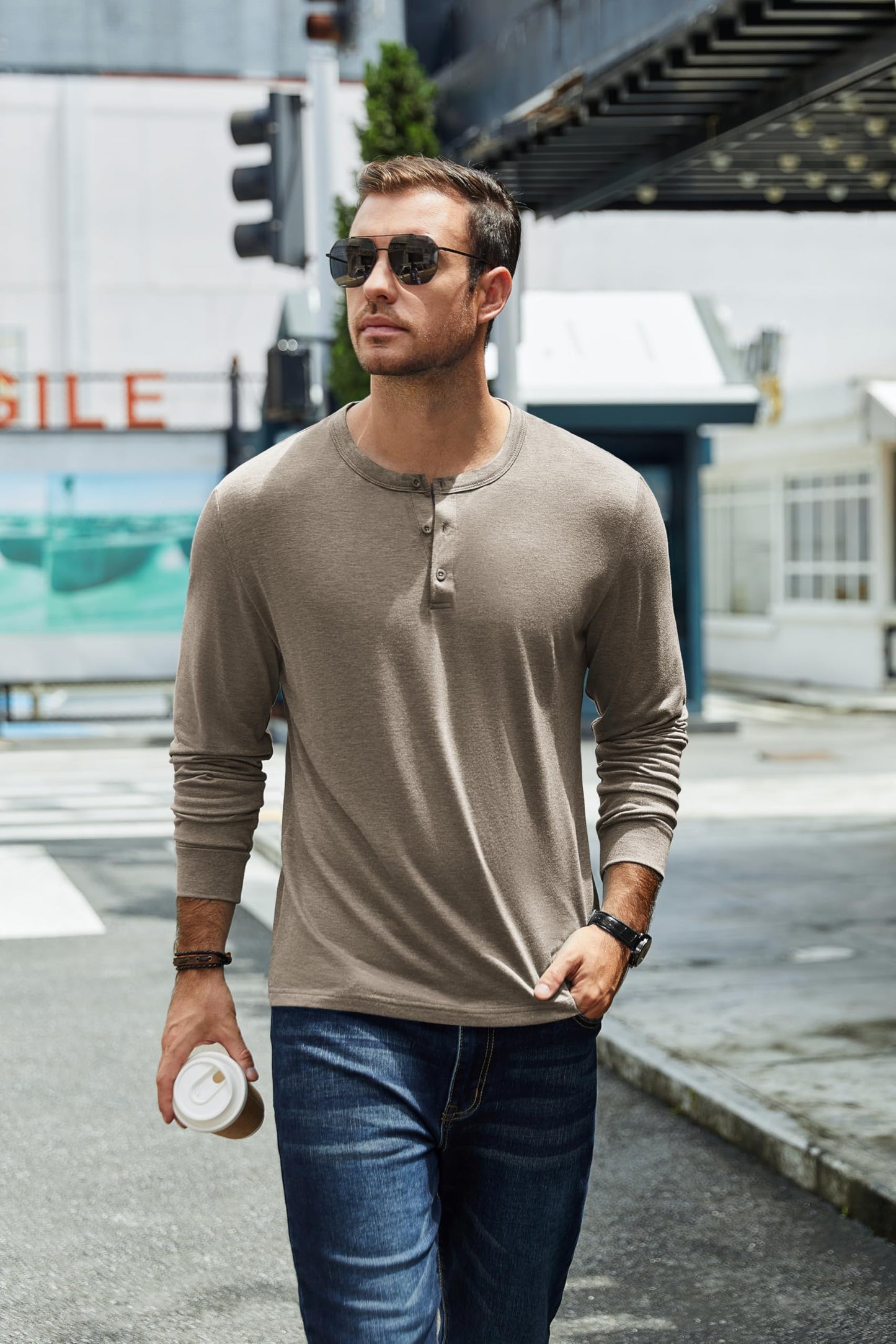 COOFANDY Men's Henley Shirts Long Sleeve Casual Vintage T-Shirt Lightweight Soft Stretch Tees Fall Henley Pullover Tops Khaki - Medaid International