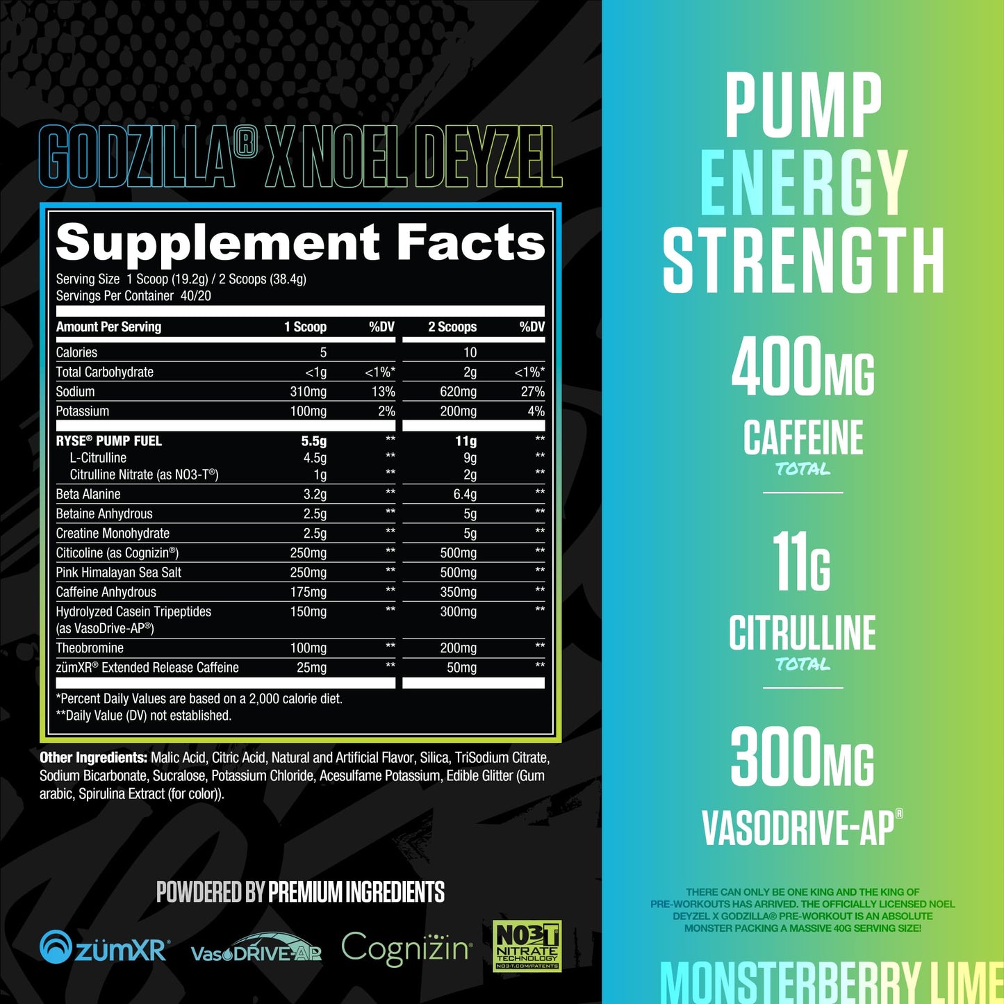 RYSE Godzilla X Noel Deyzel Pre Workout Powder - Monsterberry Lime - 400mg Caffeine, High Stim Pre-Workout for Men & Women with Citrulline & Beta Alanine - Energy, Pump & Focus - 20/40 Servings - Medaid International