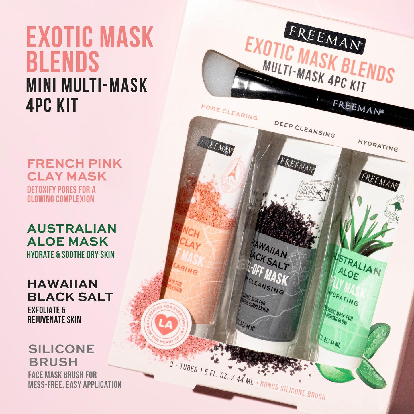 Freeman Exotic Blends Facial Mask 4 Piece Set, Peel-Off & Jelly Masks, Cleansing, Pore-Clearing & Hydrating Facial Masks, For All Skin Types, Includes Silicone Mask Brush, Vegan & Cruelty-Free - Medaid International
