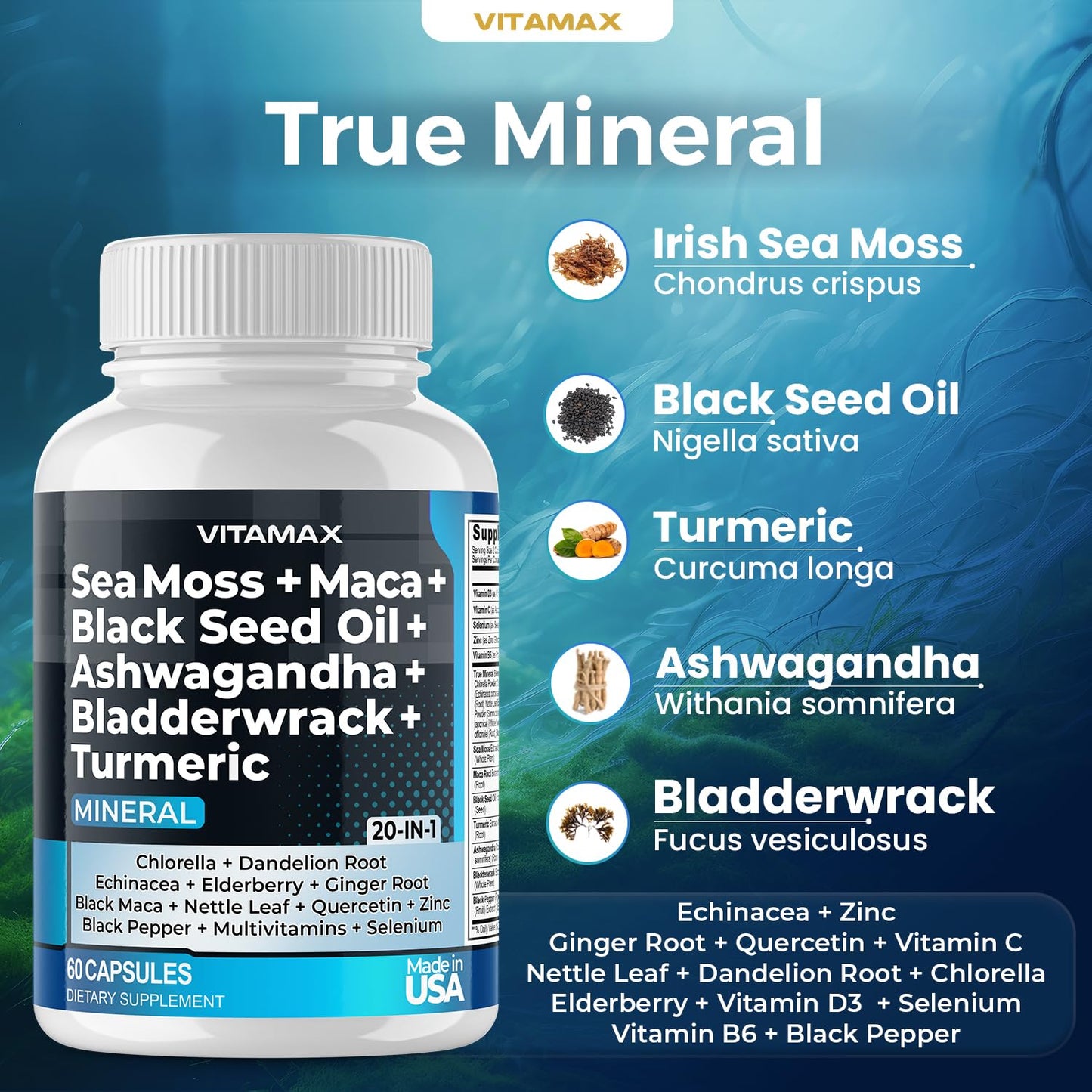 Sea Moss Maca Black Seed Oil Ashwagandha Bladderwrack Turmeric - Manuka Honey, Elderberry, Vitamin C & D3, Dandelion & Black Pepper - Non-GMO - Vegan - Made in USA - 60ct - Medaid International