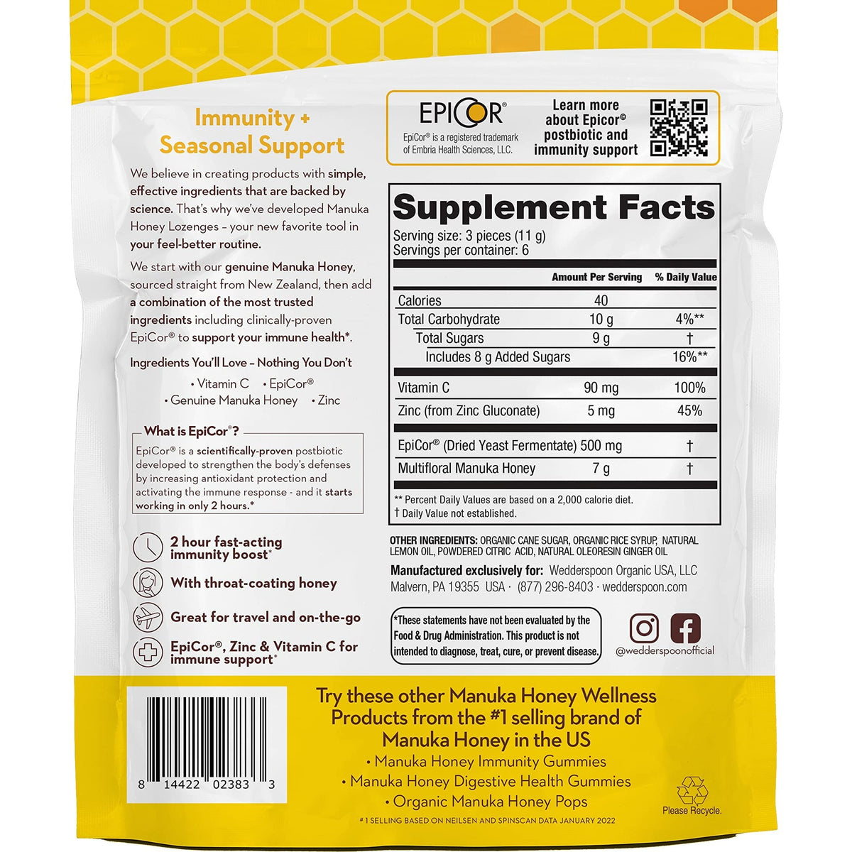 Wedderspoon Manuka Honey Immunity Lozenges, Lemon Ginger, 2.6 Oz (Pack of 1), Genuine New Zealand Honey, Boost Immunity Within Two Hours - Medaid International