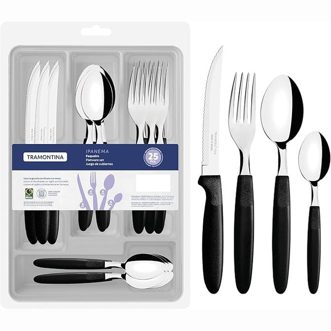 Tramontina Ipanema 25-Piece Flatware Set and Plastic Drawer Organizer (Black)