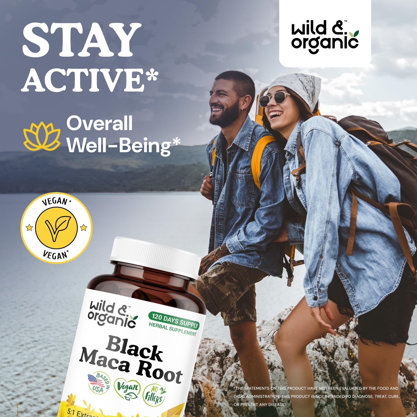 Wild & Organic Black Maca Root Capsules for Women & Men 500 mg - Overall Support - 120 Vegan Capsules with Maca Powder - Men & Women Supplement - 120 Days Supply, Non-GMO, No Fillers, Gluten-Free - Medaid International
