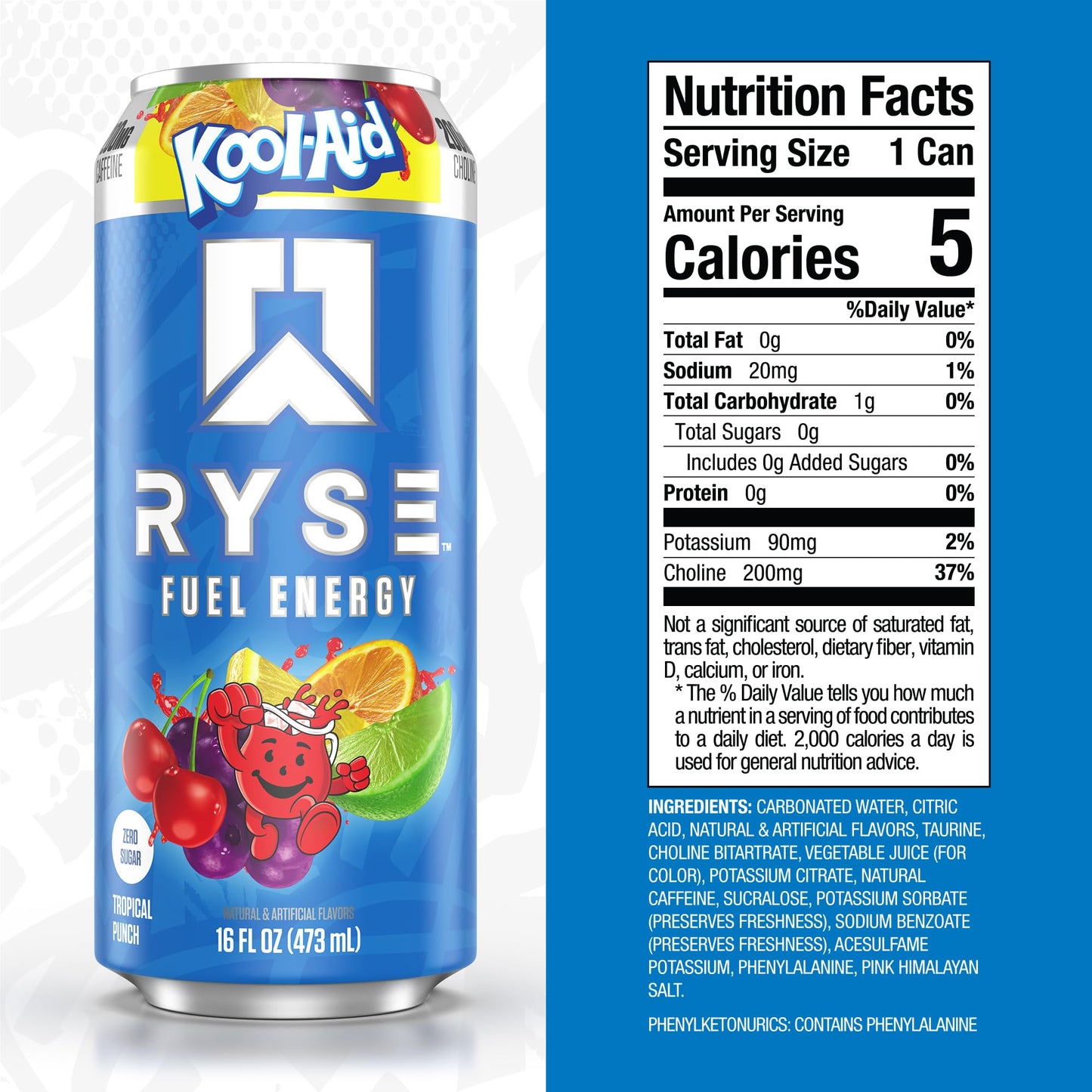 RYSE Fuel Energy Drink - Kool-Aid Tropical Punch - Sugar Free, Gluten Free & Vegan - 200mg Natural Caffeine, Taurine & Choline for Focus & Energy - No Artificial Colors - 16 fl oz Cans (12-Pack) - Medaid International
