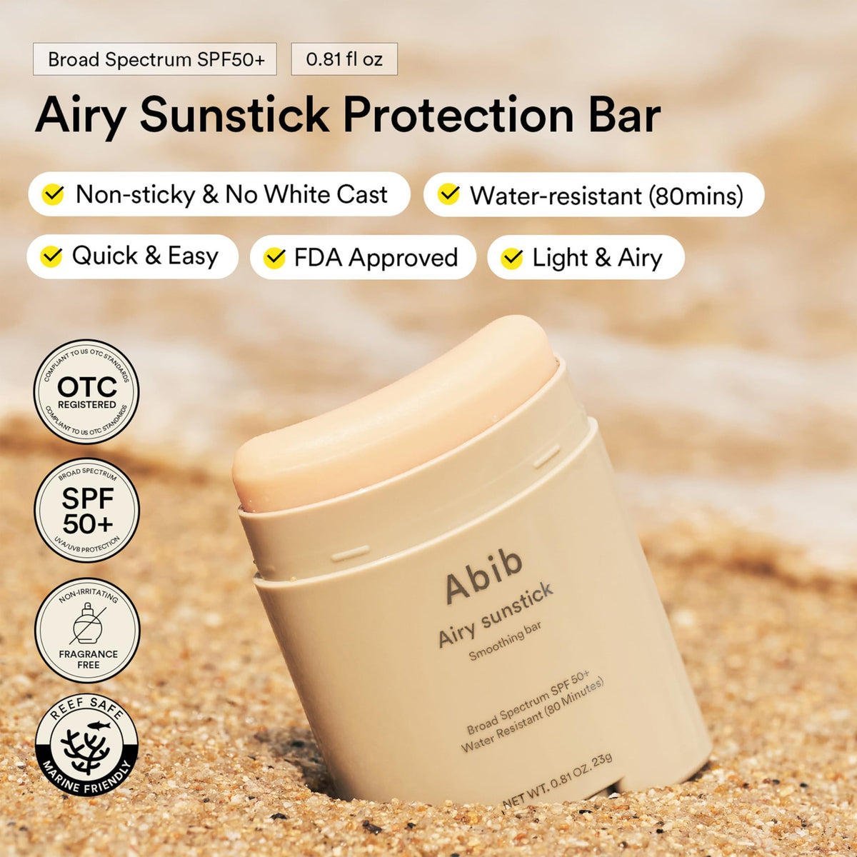 Abib Airy Sunstick Protection Bar Broad Spectrum SPF50+ 0.81 oz / 23 g (Semi-matte) | Korean Suncreen Stick Suncare Sunblock, No Whitecast, Protector Solar Barra, Water resistant - Medaid International