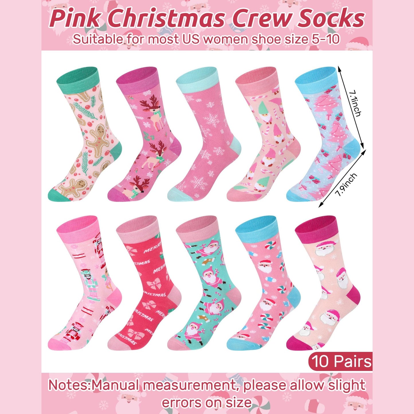 Croloose 10 Pairs Pink Christmas Socks for Women Bulk Fun Xmas Crew Socks Holiday Gift for Stocking Stuffer Party Favors (Multicolor Style) - Medaid International