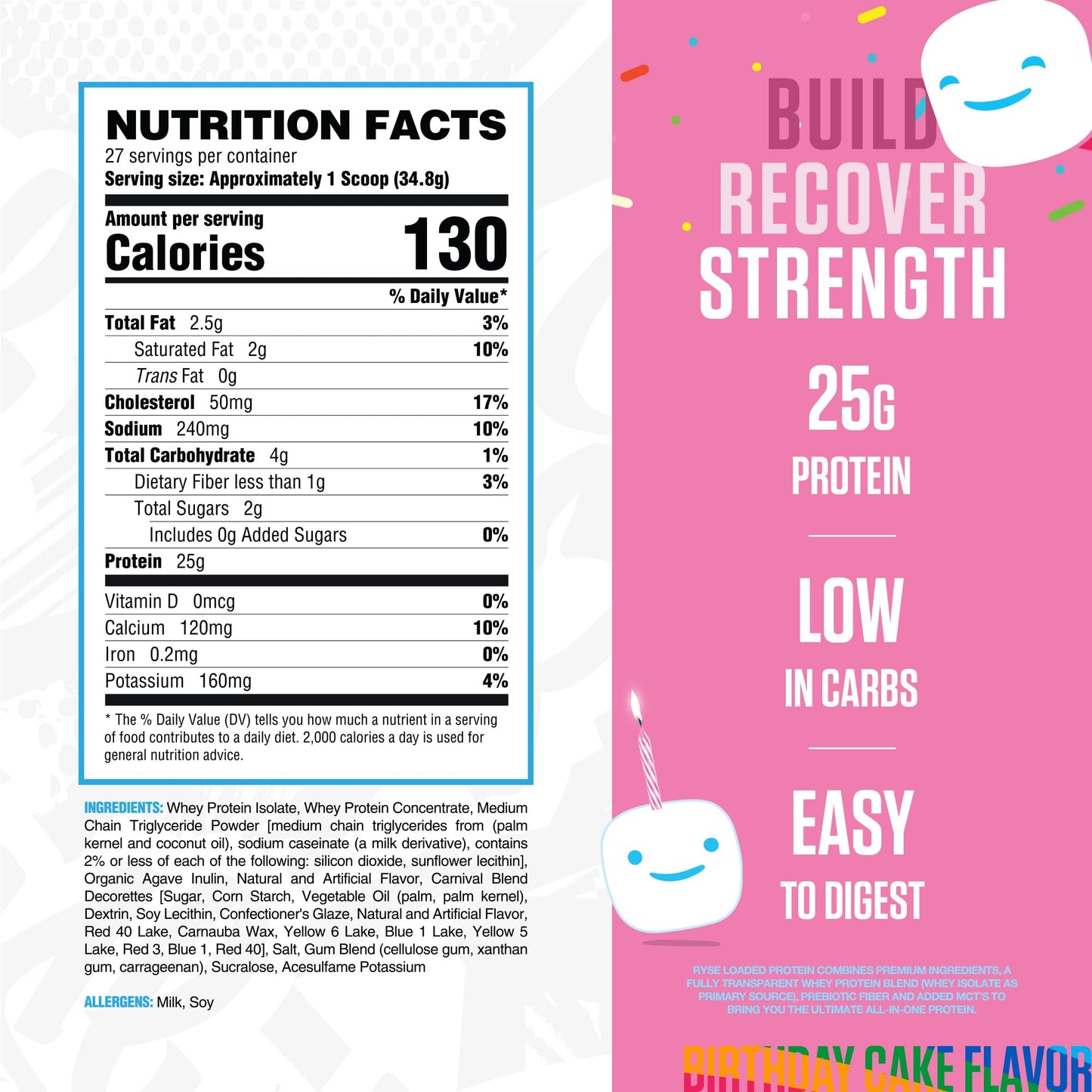 RYSE Loaded Protein Powder - Jet-Puffed Birthday Cake - 25g Whey Protein Isolate & Concentrate with Prebiotic Fiber & MCTs - Low Carb, Low Sugar, Digestive-Friendly - 27 Servings / 2 lb Tub - Medaid International