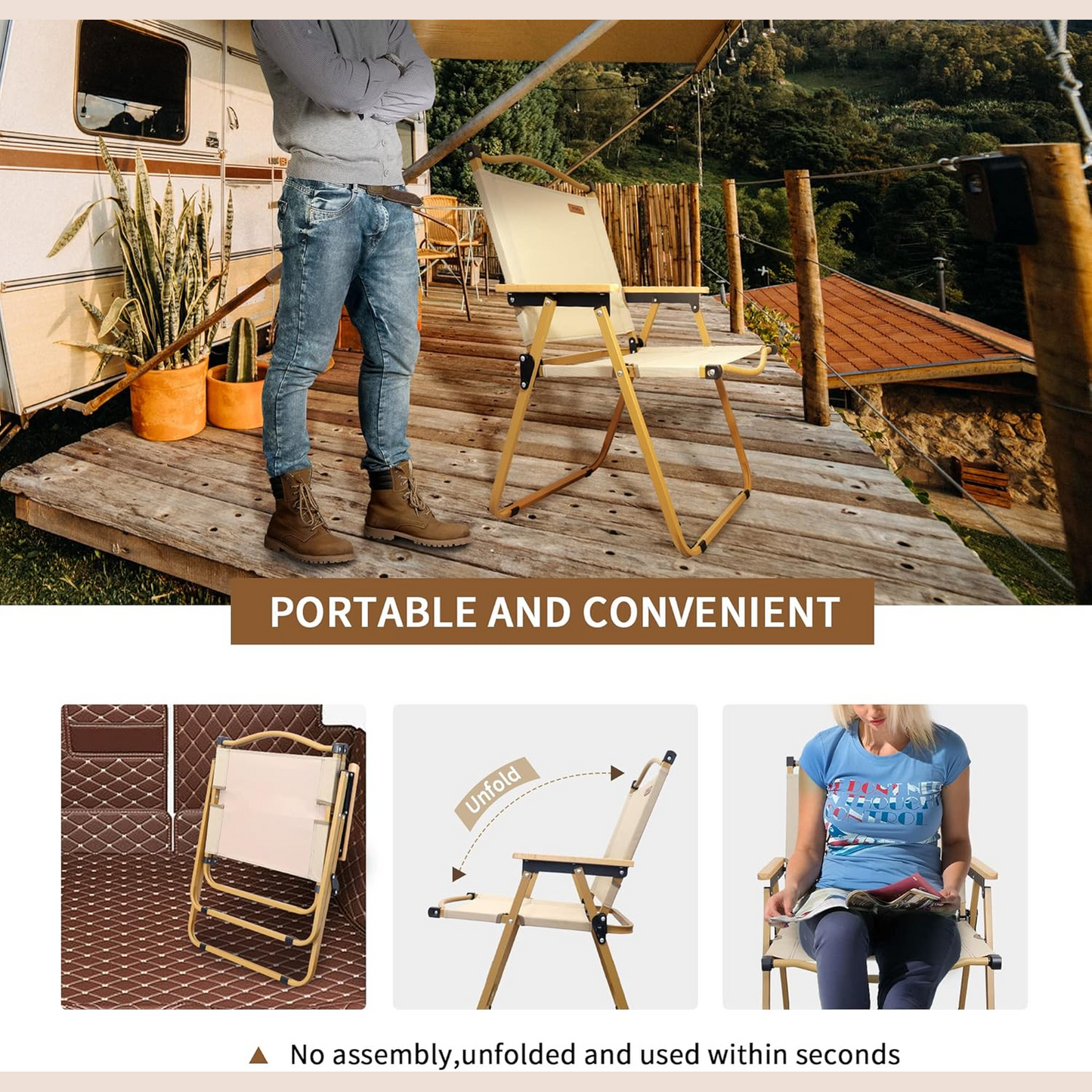 Folding Chair Camping Chairs for Adults Wood Armrest Black