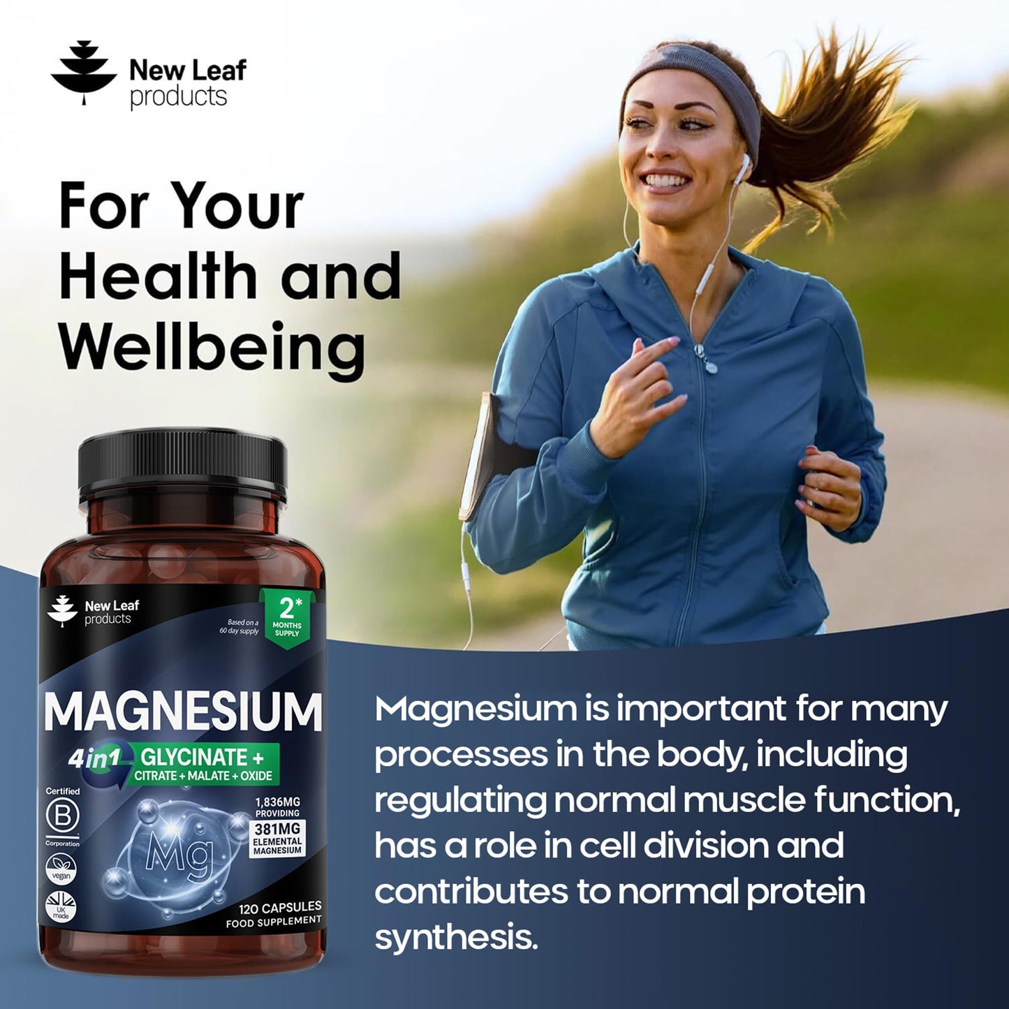 Magnesium Glycinate 4-in-1 Complex 2000mg - 449mg Elemental Magnesium High Strength Magnesium Supplements - Magnesium Bisglycinate,Citrate, Malate, Oxide - 120 Capsules - Vegan UK Made by New Leaf - Medaid International