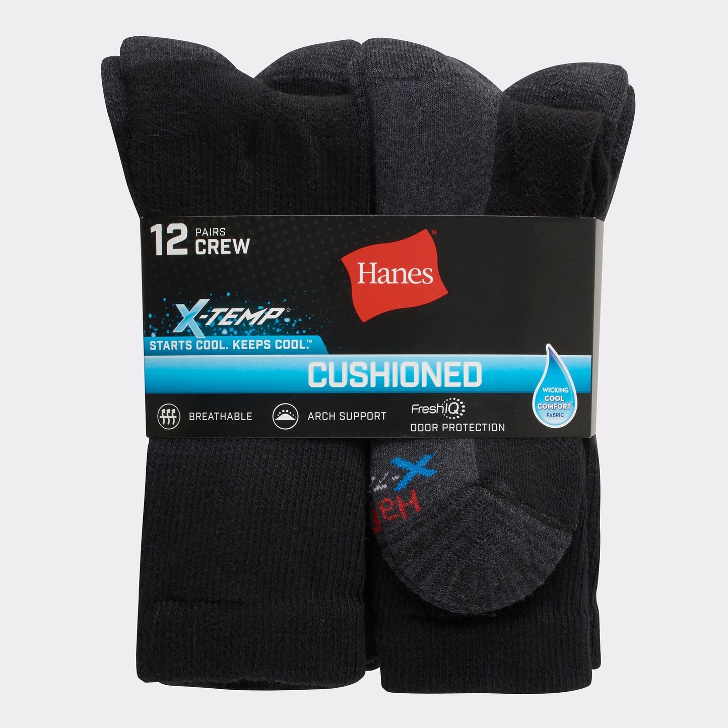 Hanes Mens Socks, X-temp Cushioned Crew 12-pack, Black, 10 US - Medaid International