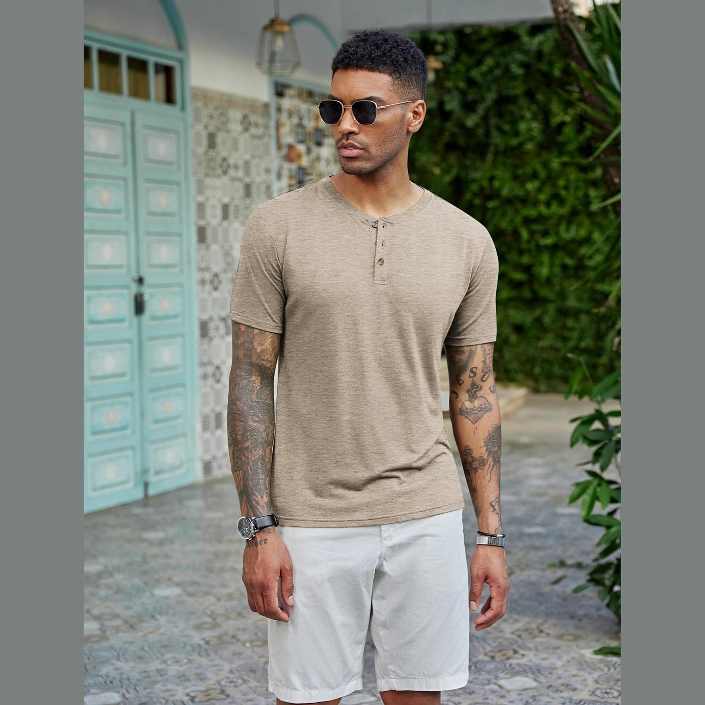 COOFANDY Men's Short Sleeve Henley Shirts Basic Tee Summer Solid Button T Shirts Lightweight Shirts Khaki - Medaid International