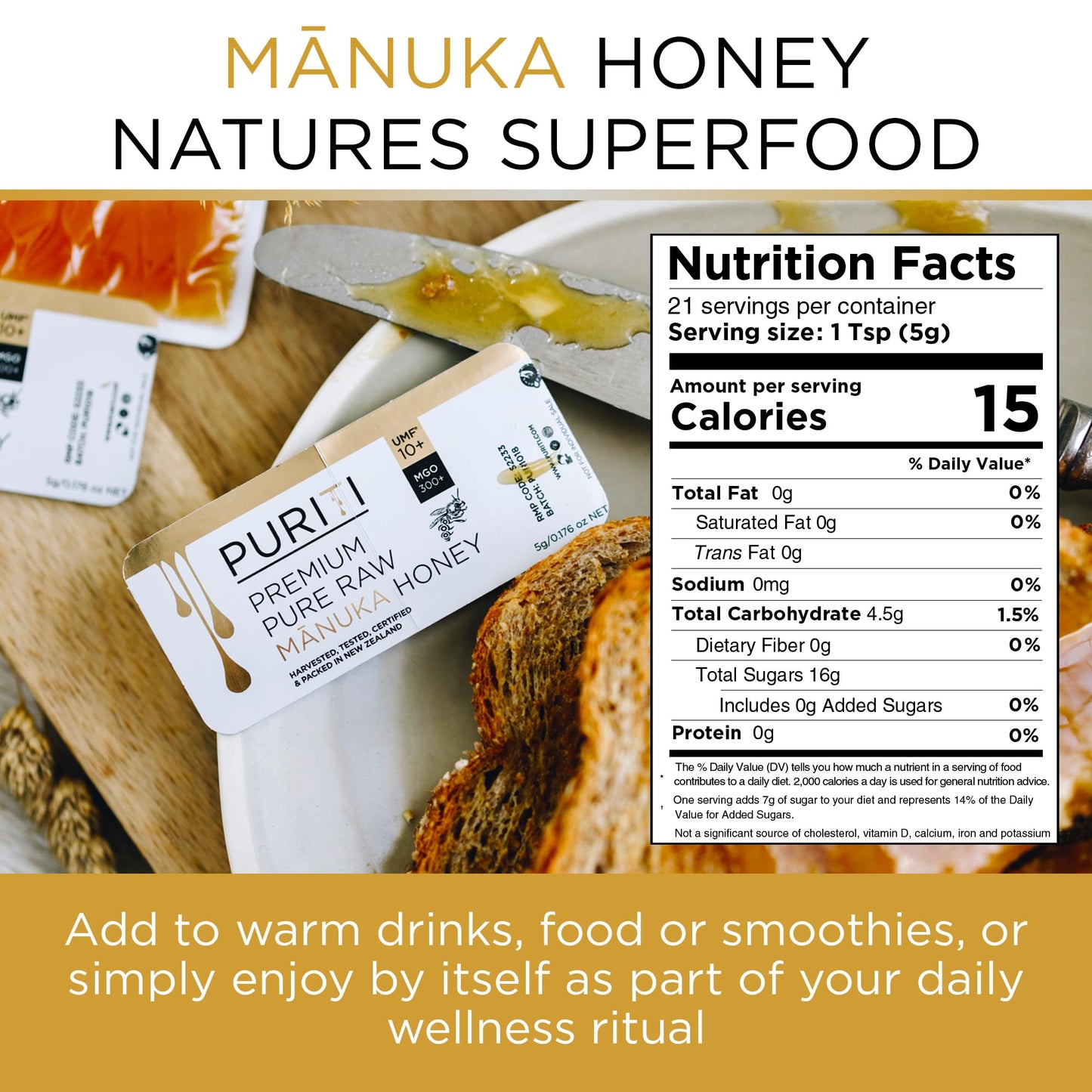 PURITI Genuine Raw Manuka Honey Snaps On The Go - UMF 10+ (MGO300+) 21 x 0.18oz Individual Snap Packets, Single Serve Honey Sticks for Tea, Travel & Snacks, Certified, Authentic Made in New Zealand - Medaid International