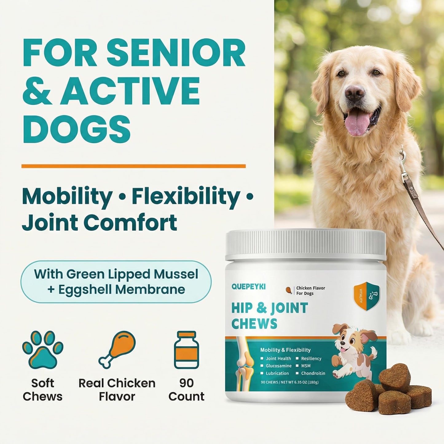 QUEPEYKI Glucosamine Chondroitin MSM for Dogs – Hip and Joint Soft Chews with Green Lipped Mussel, Eggshell Membrane & Hyaluronic Acid – Senior Dog Mobility Support – Real Chicken Flavor, 90 Count
