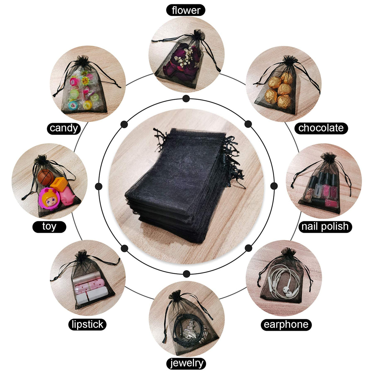 KASTWAVE 50Pcs Organza Gift Bags Jewellery Pouches, 10x15cm Black Mesh Candy Favour Bag for Wedding Party Favors Festival Game Drawstring Pouch