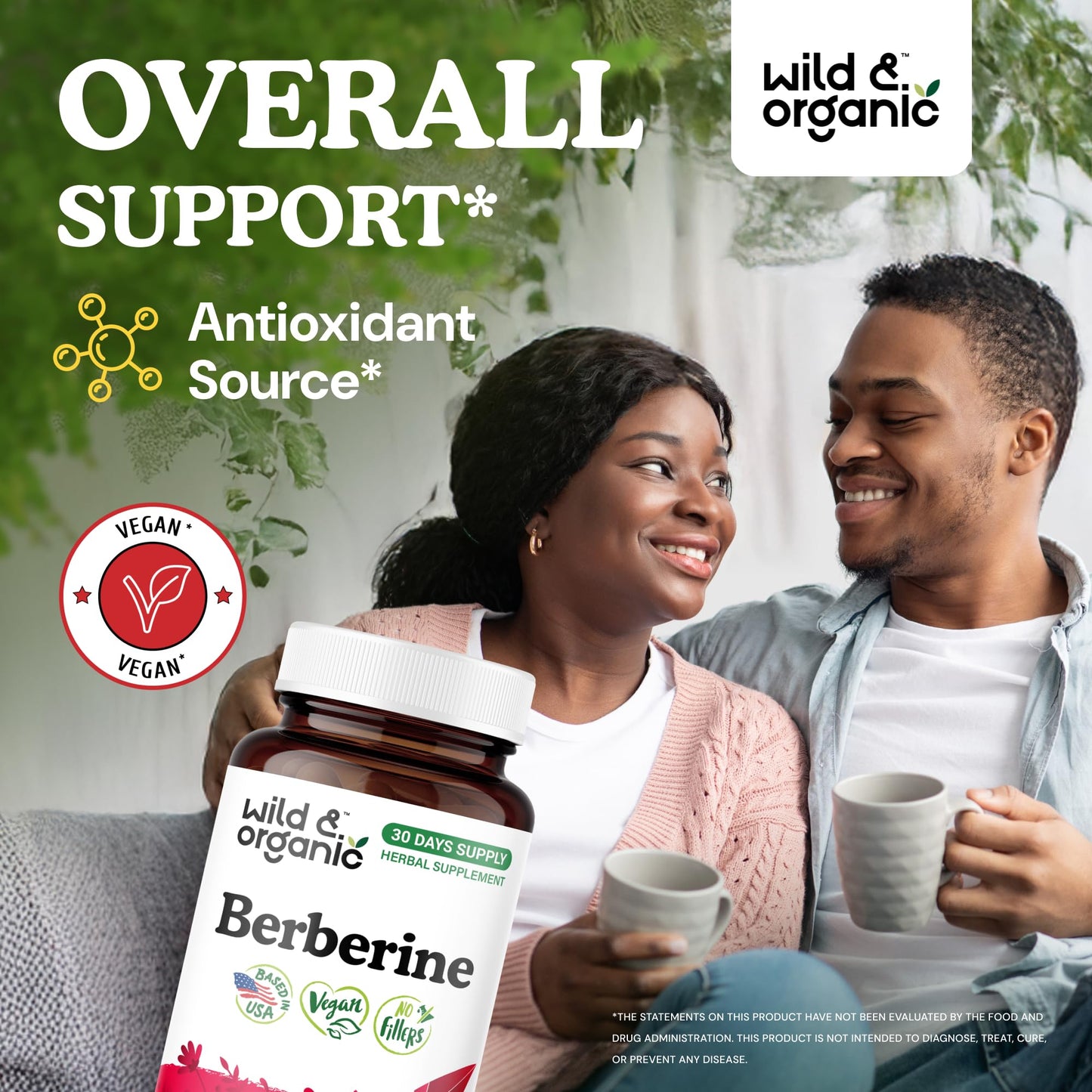 Wild & Organic Berberine Supplement Capsules 1000 mg - Antioxidant & Overall Support - Pure Berberine HCL Powder - Berberis Aristata Bark - Vegan, No Fillers, Non-GMO - 60 Count - Medaid International