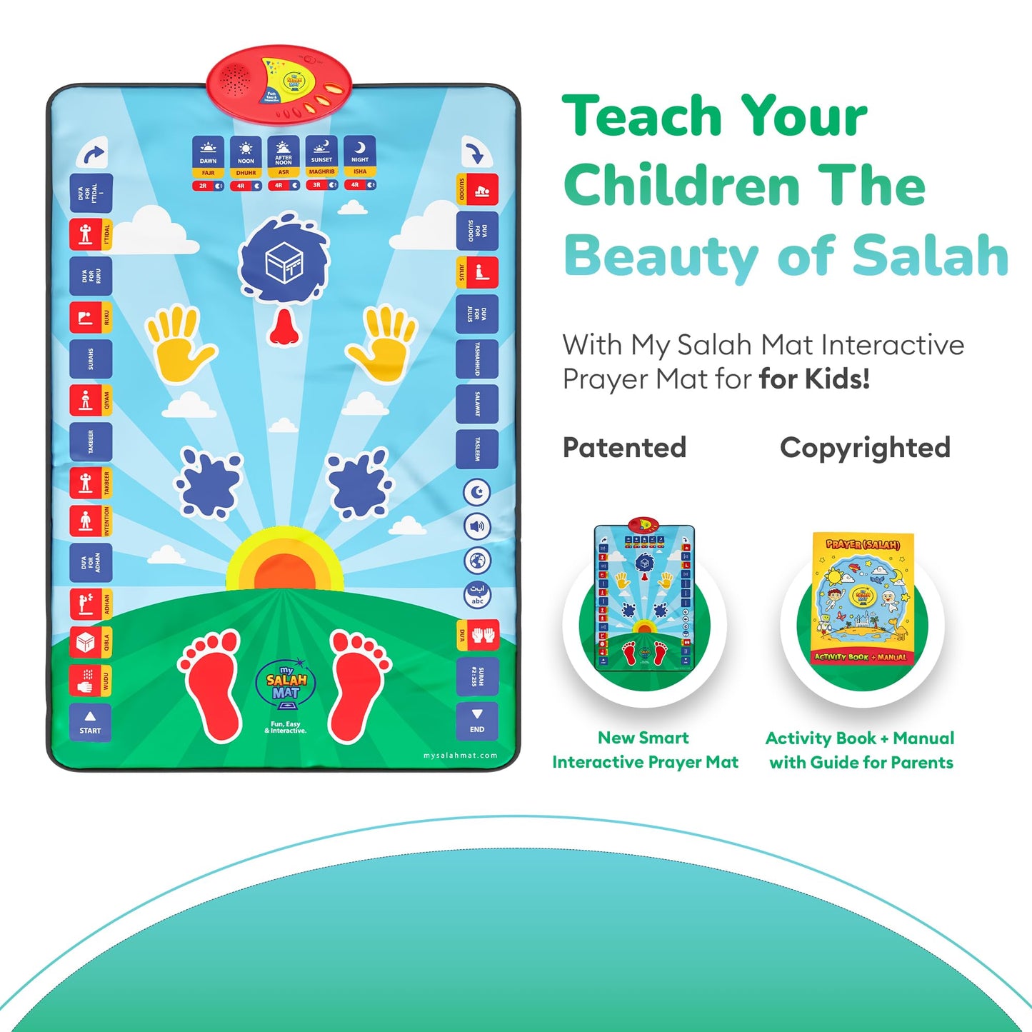 My Salah Mat for Kids - Smart interactive Prayer Mat for learning Salah, Surah, Wudu and Duas - Islamic prayer mat with 10 languages, Salah Translation, 25 Touch Keys and padded mat for Kids 3+ (Blue) - Medaid International