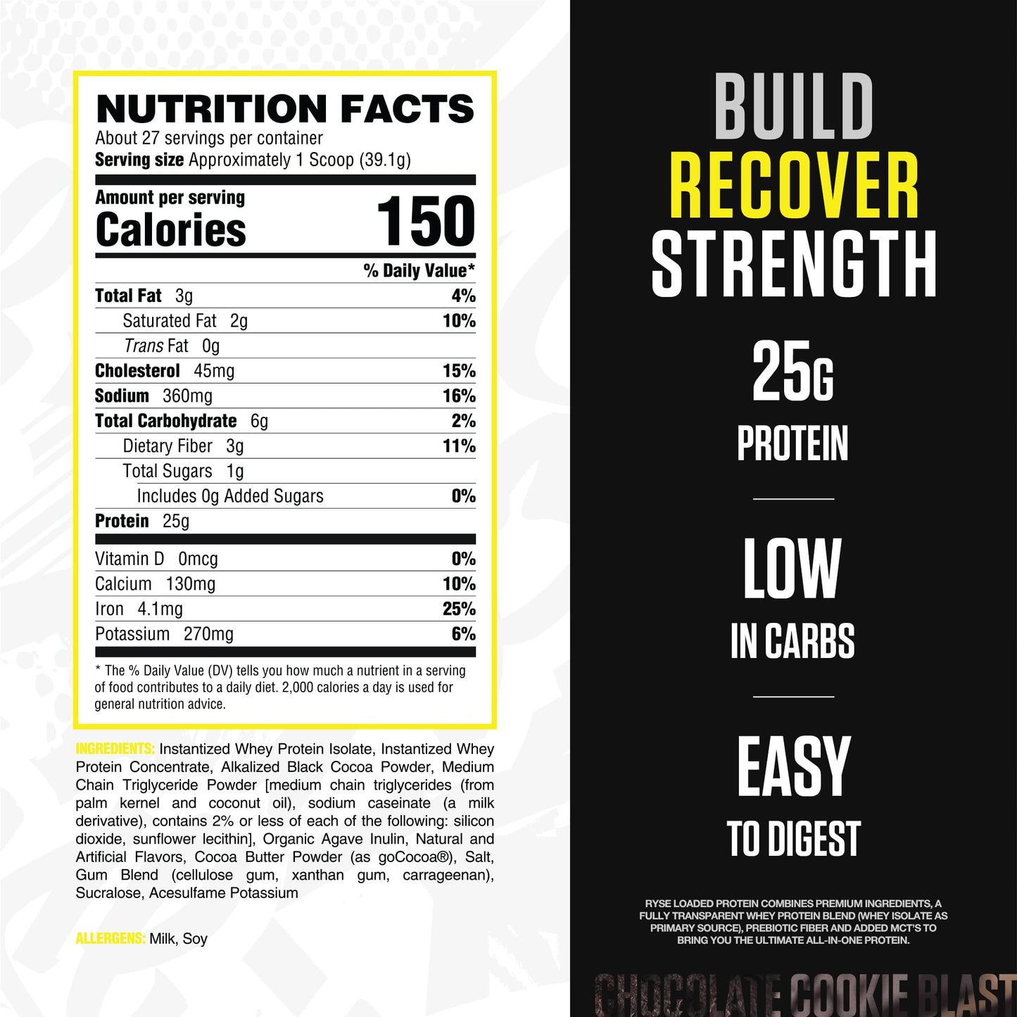 RYSE Loaded Protein Powder - Chocolate Cookie Blast - 25g Whey Protein Isolate & Concentrate with Prebiotic Fiber & MCTs - Low Carb, Low Sugar, Digestive-Friendly - 27 Servings / 2 lb Tub - Medaid International