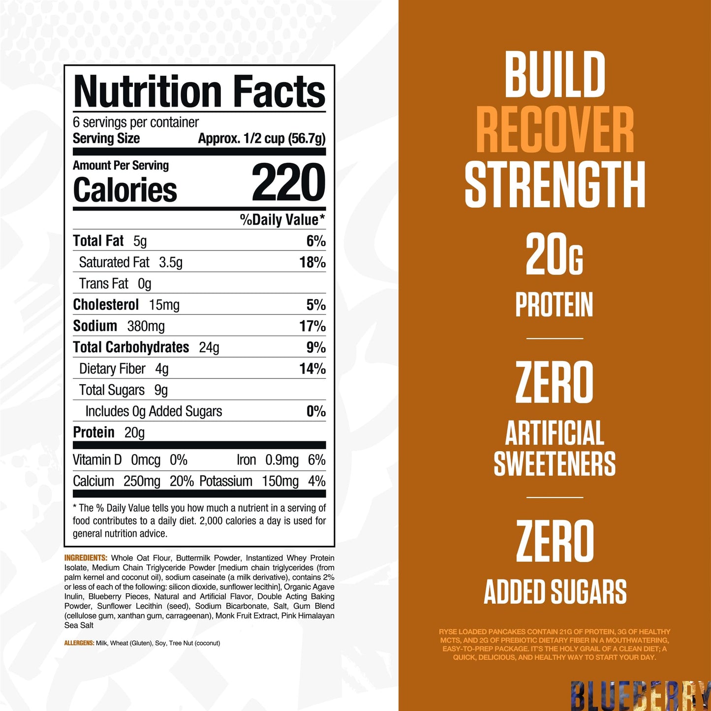 RYSE Loaded Protein Pancake & Waffle Mix - Blueberry - Naturally Sweetened Breakfast with 21g Protein, 3g MCTs and 2g Fiber - No Added Sugar - High Protein Snack for Clean Energy - 6 Servings - Medaid International
