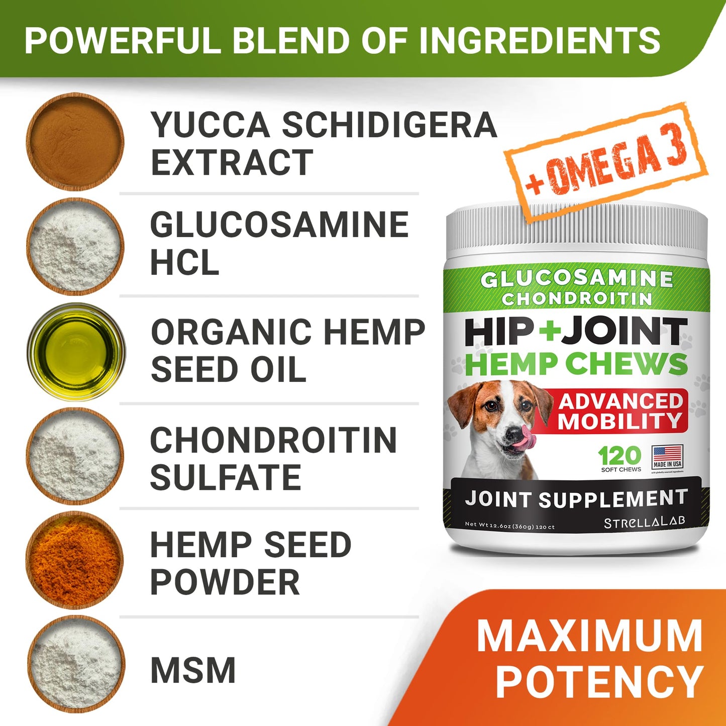 Hemp Chews for Dogs - Hip & Joint Supplement with Glucosamine - Joint Pain Relief Treats - Omega 3, Chondroitin, MSM - Advanced Mobility Support - Chicken Flavor - 120 Ct - Made in USA