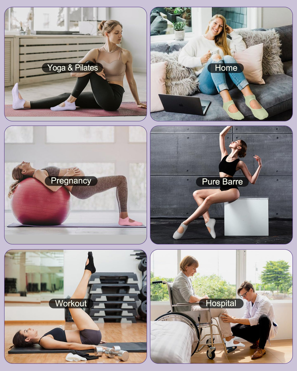 Pilates Grip Socks, 4 Pairs, Cotton Nylon, One Size 5.5-9