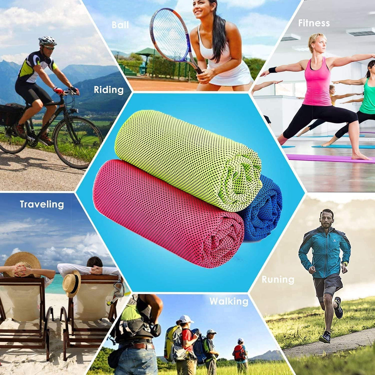 KASTWAVE Cooling Towel 3 Pcs (35"x12") Microfiber Towel for Instant Cooling Relief, Cool Cold Towel for Yoga Golf Travel Gym Sports Camping Football and Outdoor Sports