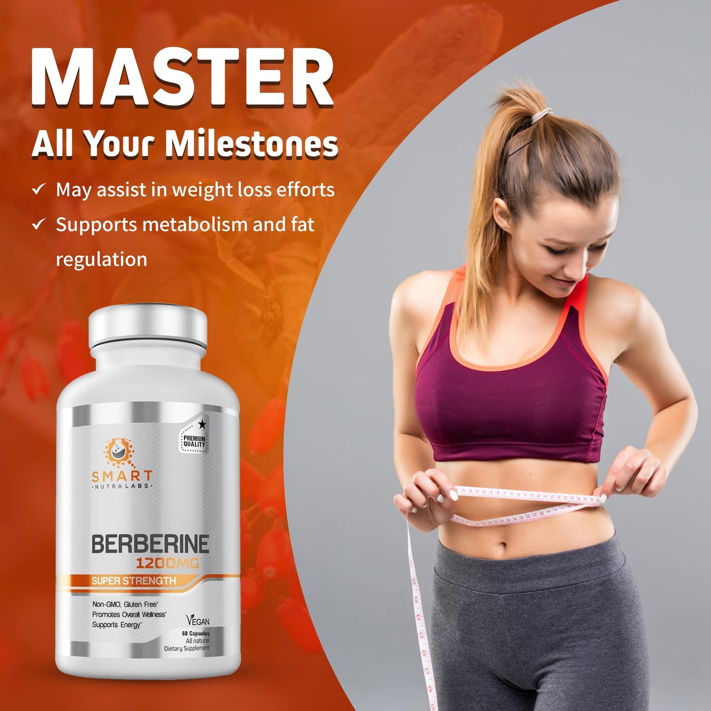 Smart Nutra Labs Premium Berberine HCL 1200mg- 60 Vegan Capsules, 100% Pure Berberine Supplement- Non-GMO, Gluten Free - Medaid International