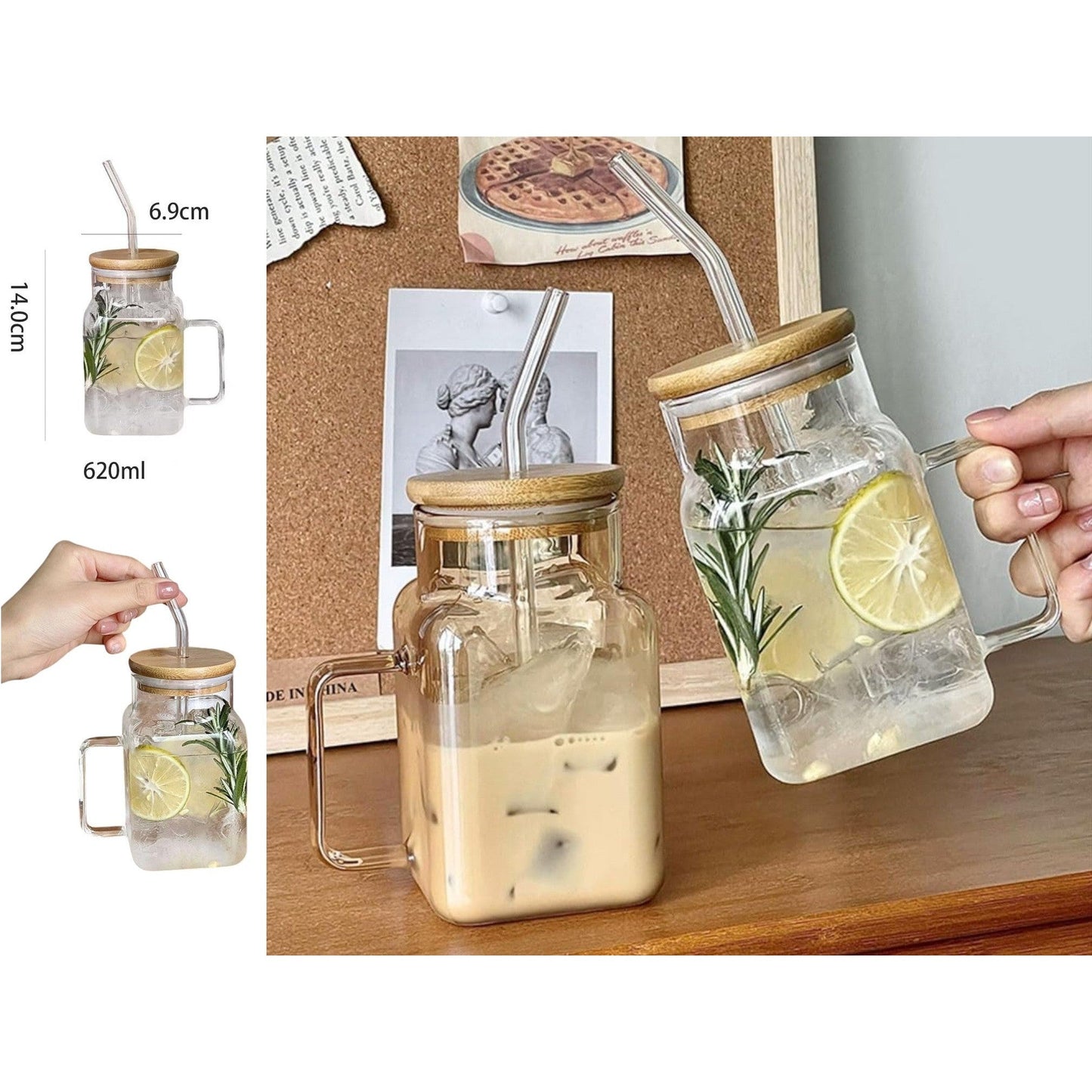 Large Square Clear Glass Drinking Mug with Bamboo Lid