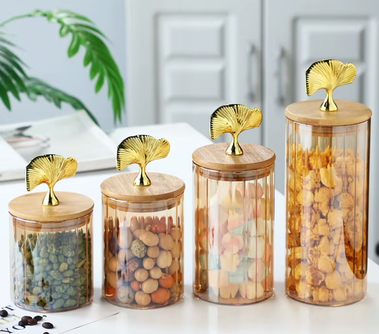 4 PCs Golden Glass Storage Jar Set With Bamboo Lid