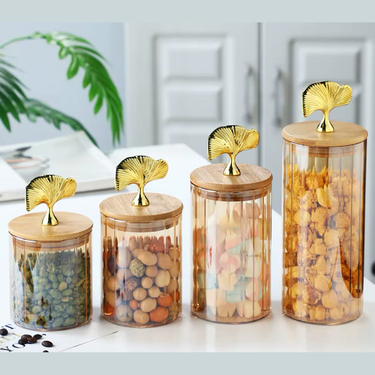 4 PCs Golden Glass Storage Jar Set With Bamboo Lid