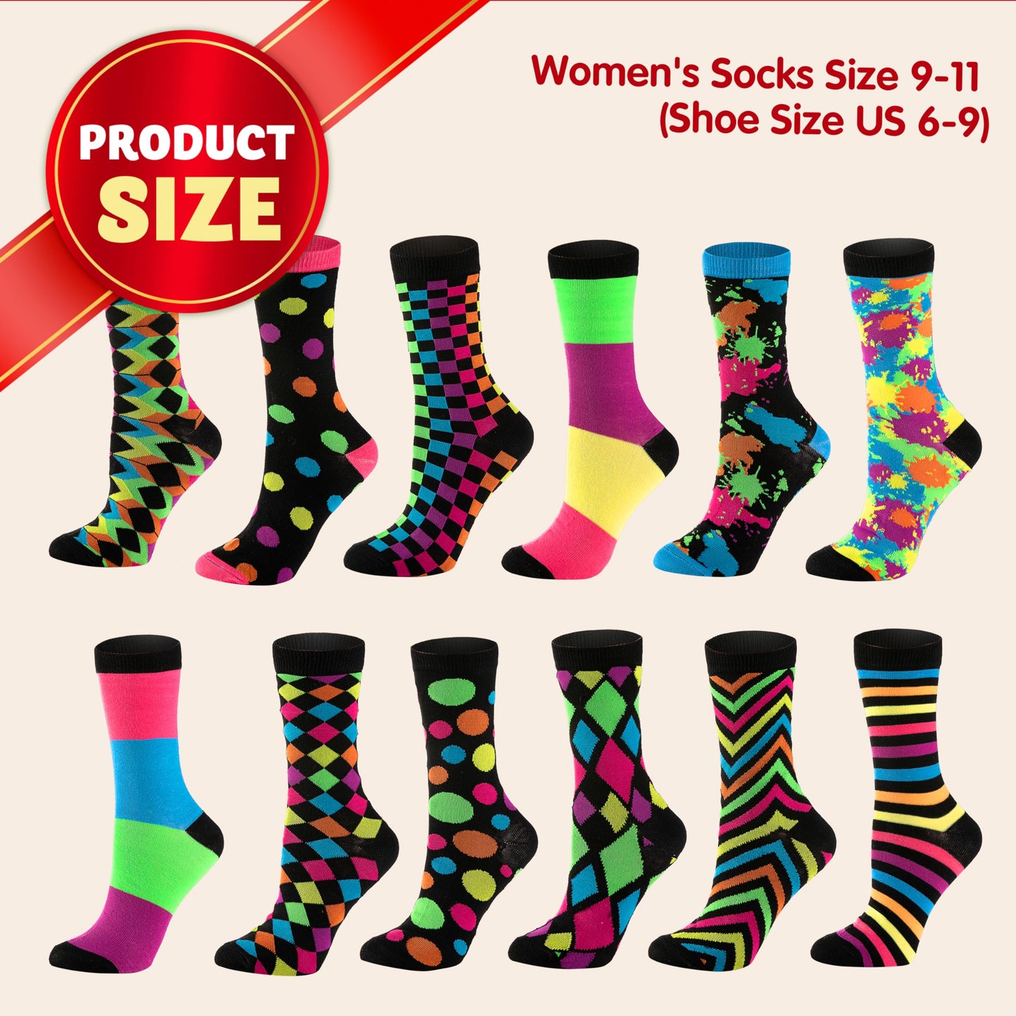 JOYIN 12 PCS Christmas Socks Women Colorful Funky Paint Splash Patterned Crew Socks for Christmas, Holiday or Birthday Gift - Medaid International