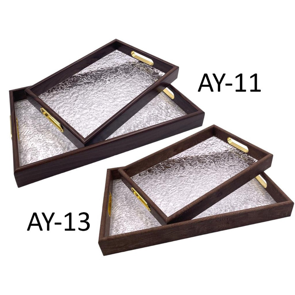 Set of 2 Acrylic Serving Trays w Wooden Frame