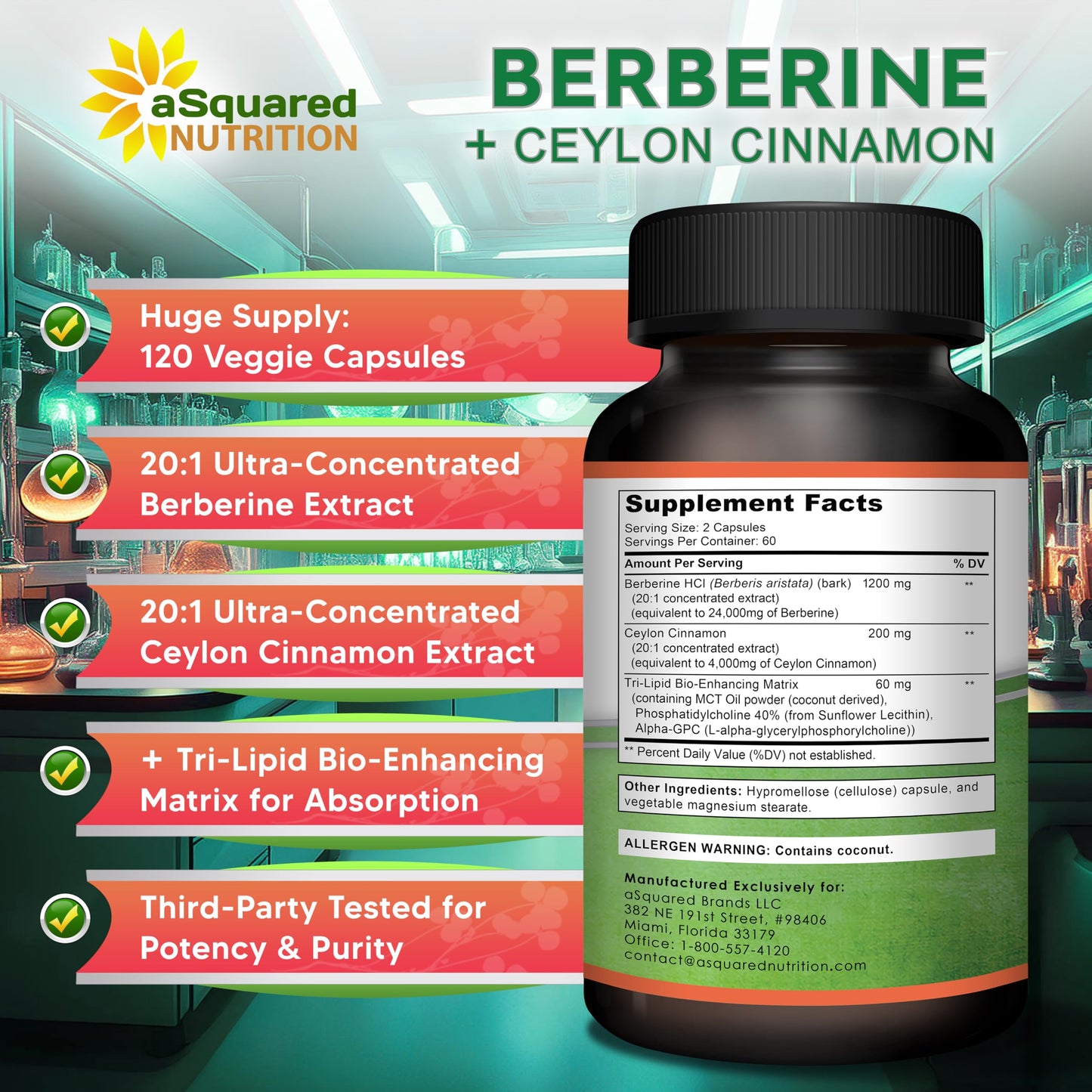 aSquared Nutrition Berberine with Ceylon Cinnamon Supplement - 1400mg Max Strength Complex - 120 Capsules - 1200mg HCl Powder Extract Plus Pills - Alternative to Gummies & Drops - Medaid International