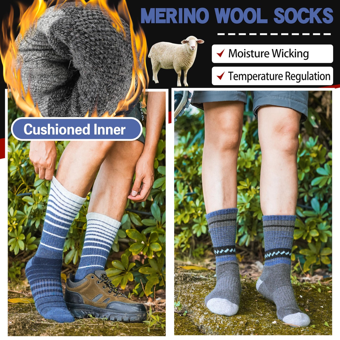 Merino Wool Socks for Men Thermal Winter Warm Hiking Cozy Crew Work Gift Socks Stocking Stuffers 5 Pairs(Blue,L) - Medaid International